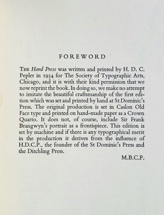 The Hand Press; An Essay by H. D. C Pepler first printed by the Author at St Dominic's Press and now reprinted with facsimile reproductions from the Original