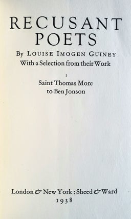 Recusant Poets; Saint Thomas More to Ben Johnson
