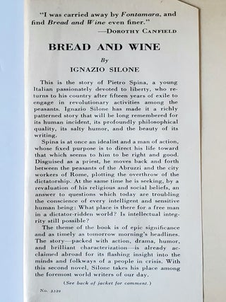 Bread and Wine; Translated from the Italian by Gwenda David and Eric Mosbacher
