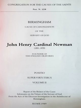 Cause of Canonisation of the Servant of God John Henry Cardinal Newman (1801-1890); Positio Super Virtutibus