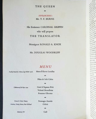 A Luncheon for the Right Reverend Monsignor Ronald A. Knox; Given by the Chairman and Directors of Burns & Oates to mark the publication of the Definitive Edition of his translation of The Bible