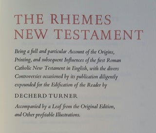 Item #853 The Rhemes New Testament; Being a full and particular Account of the Origins, Printing,...